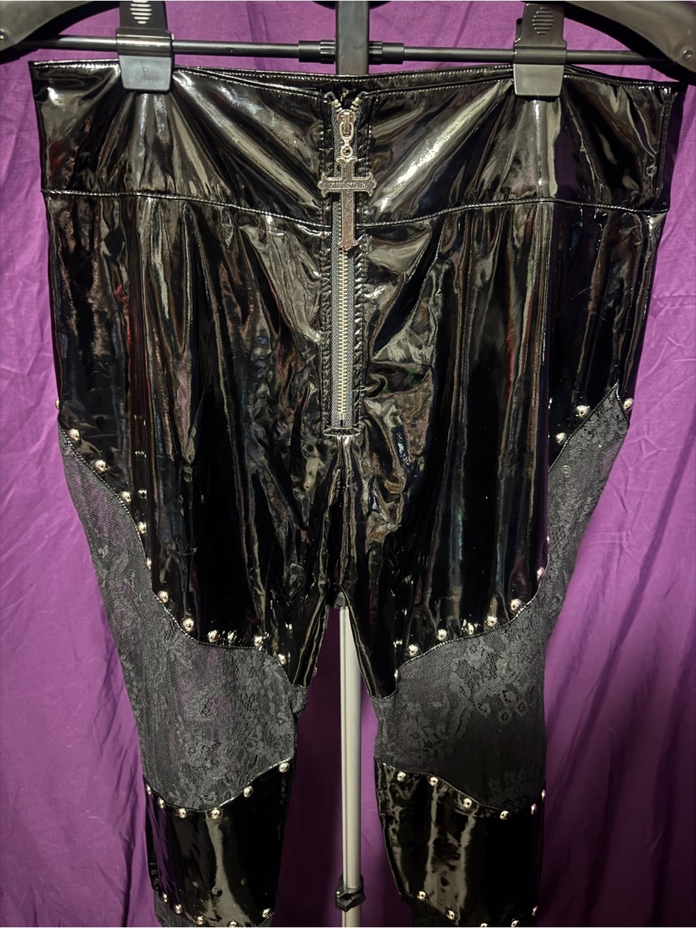 Killstar Black Patent Vinyl pants with cross zipper - Picture 3 of 6
